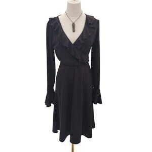 Express Womens Long Bell Sleeve Surplice Ruffle‎ Dress Sz 5/6 Brown Midi V-Neck